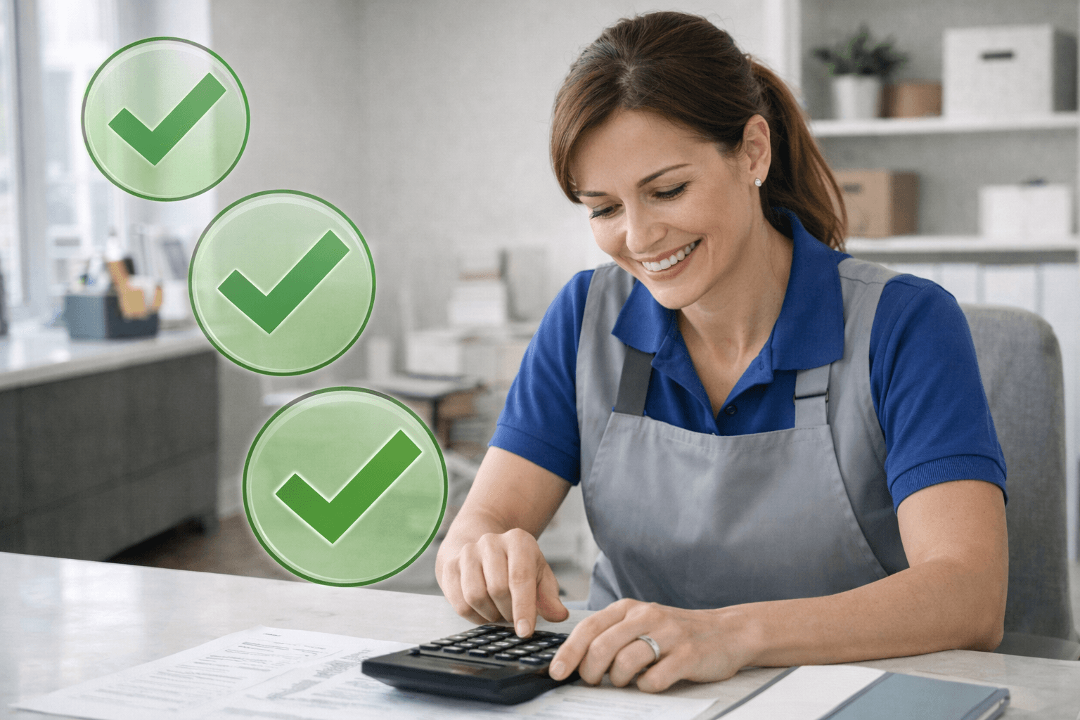 Confident cleaning business owner smiling while using pricing calculator