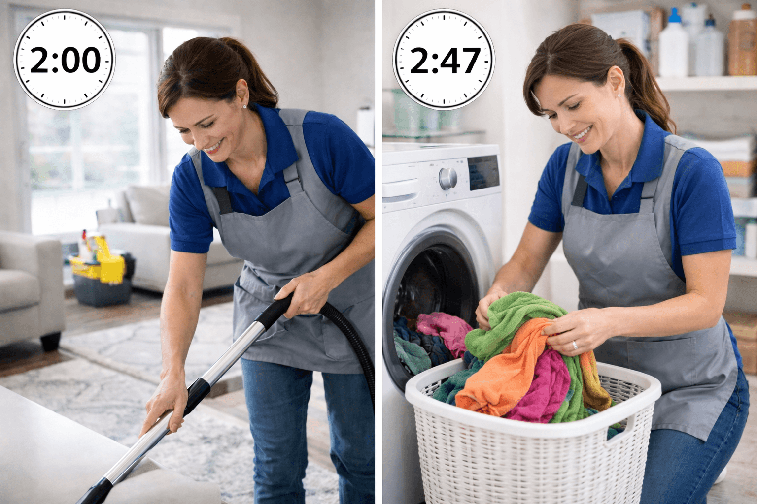 Clock showing cleaning time vs total job time including travel and admin work