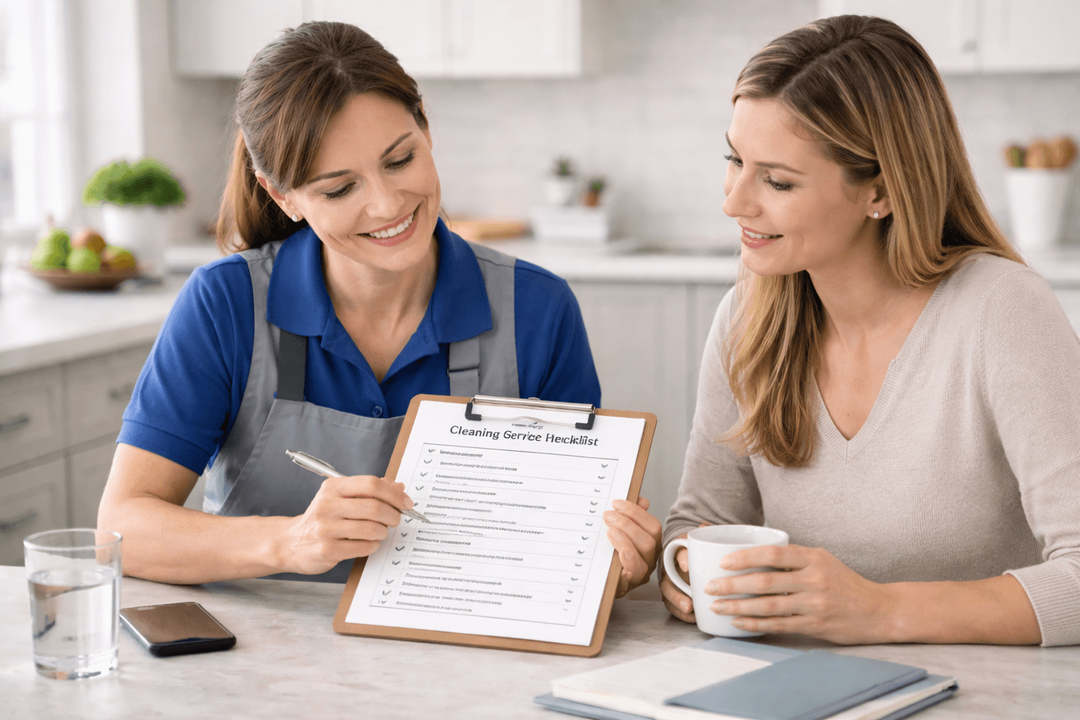 Professional showing client a detailed scope document at kitchen table